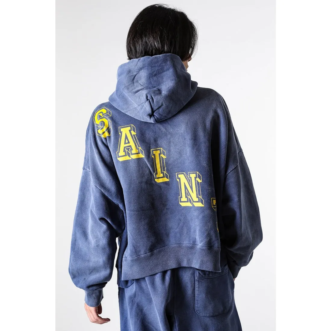 SAINT M×××××× ANGEL HOODIE/NAVY Angel Reborn Blue Hoodie Washed Blue S-XL Assute Garment Dyeing Full Clothes Water Fading Mud Dyeing Dirty Distress New Vintage Ceiling God Tailoring Original Super Loose Fit Customized Original Accessories God-level Print Restoration